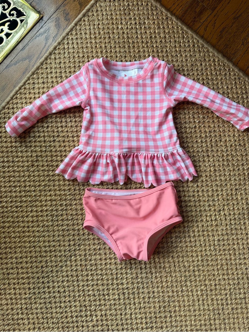 Ruffle Butts Pink Gingham Ruffle Long-Sleeve Swim Set
